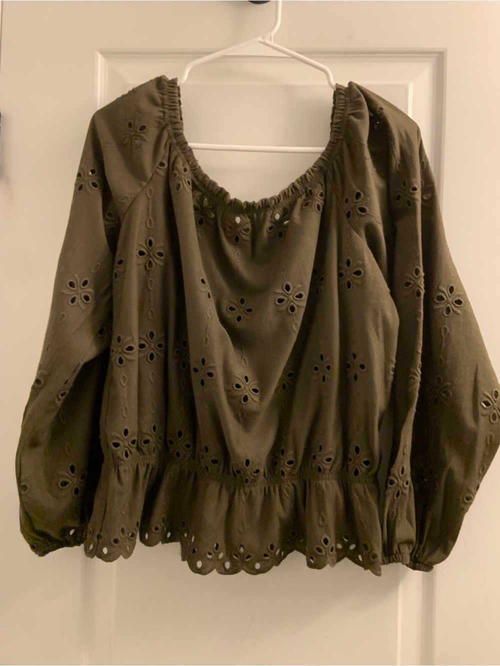 H&M Olive Green Eyelet Peasant Top
